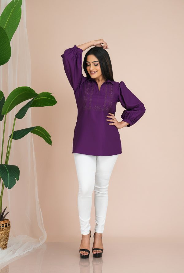 Geometric embroidered shirt collared long sleeved top - Image 3