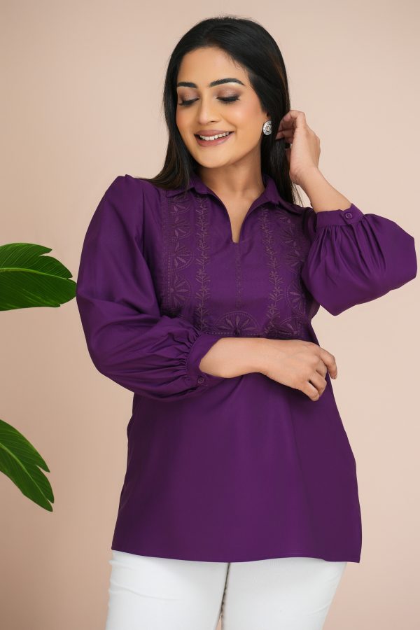 Geometric embroidered shirt collared long sleeved top - Image 2