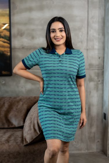 Striped Contrast Collar Detailed Polo Mini Dress