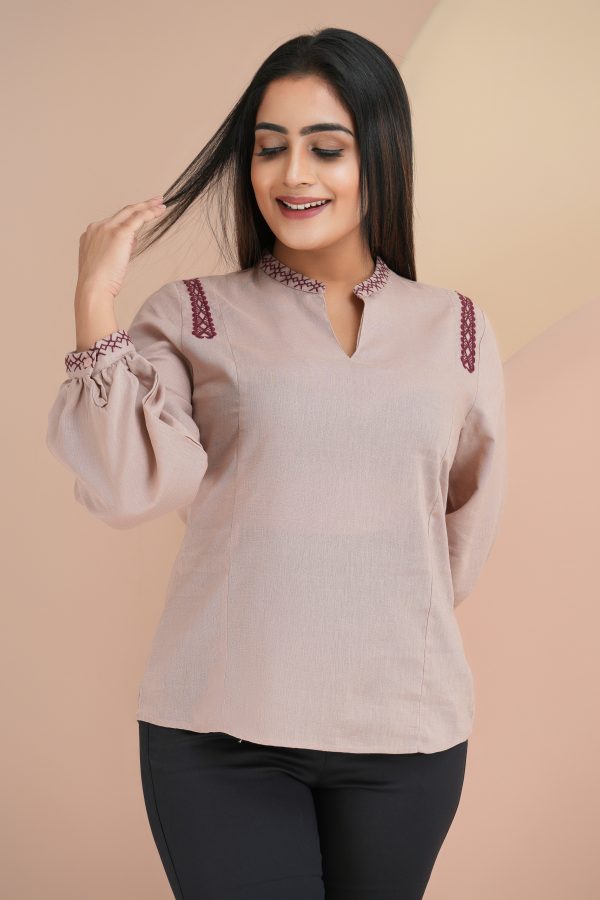 Shoulder Embroidered Chinese Collared Notch Neck Top - Image 4
