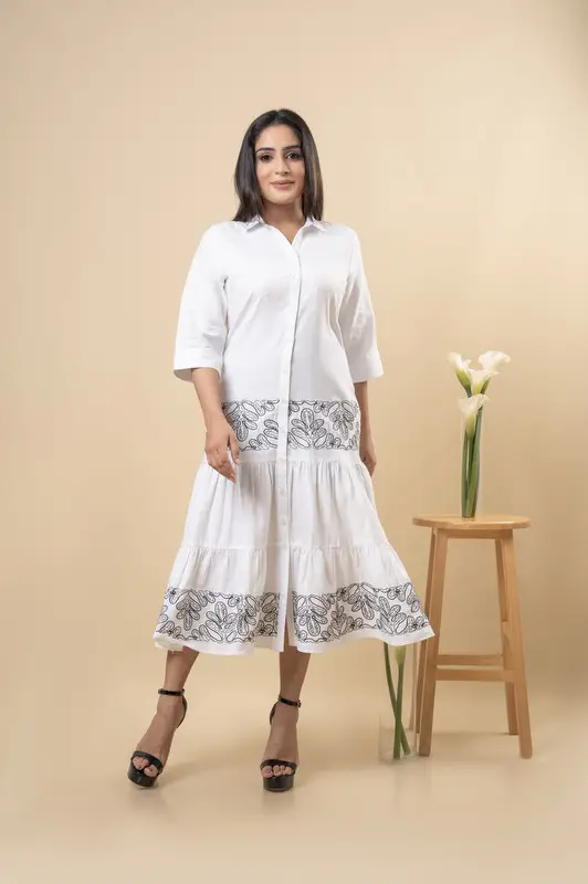 Embroidered Tiered Button Up Midi Dress - Image 2