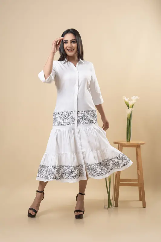 Embroidered Tiered Button Up Midi Dress - Image 3