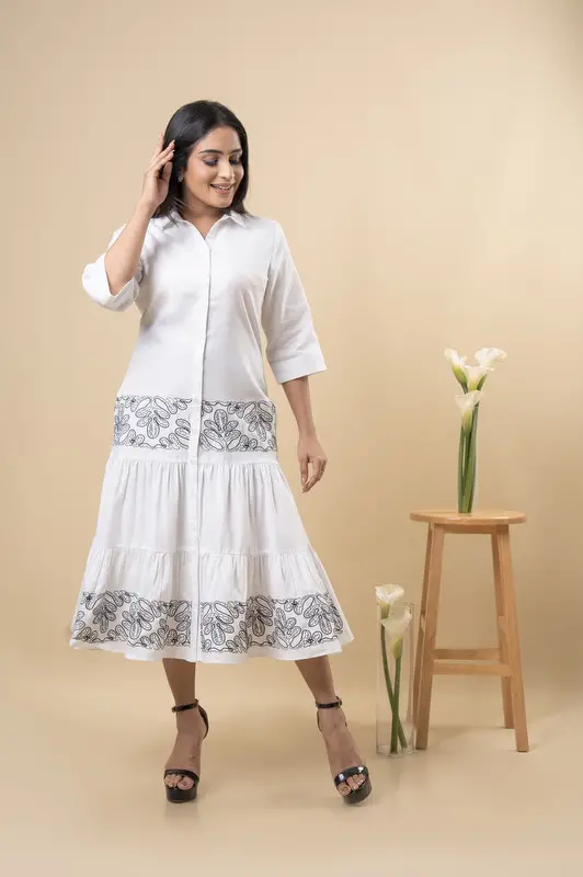 Embroidered Tiered Button Up Midi Dress - Image 4