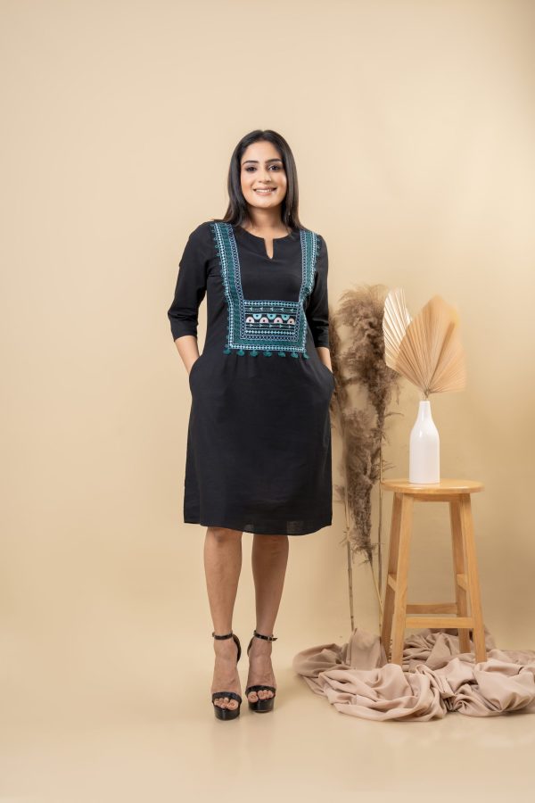 Geometric Embroidered Notch Necked Short Dress - Image 4