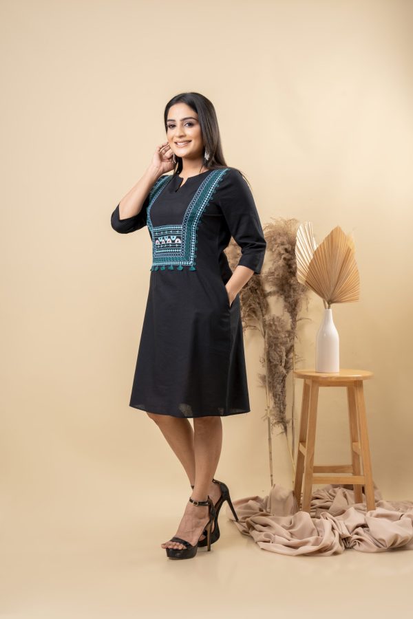 Geometric Embroidered Notch Necked Short Dress - Image 2