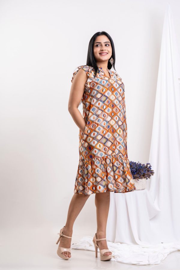 Ikat Patterned Flutter Sleeved Short Dress - Image 4