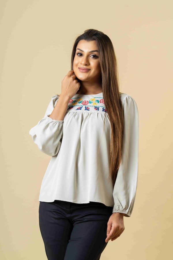 Curved Neck Embroidered Long Sleeve Blouse - Image 2