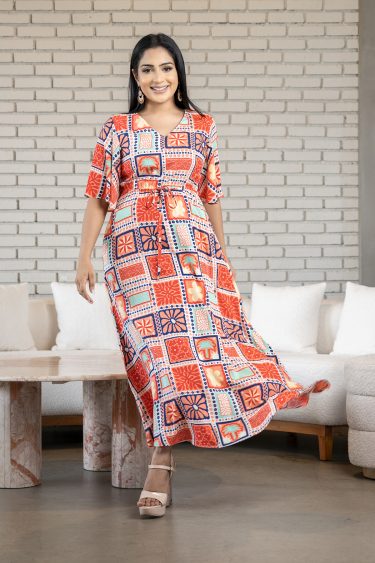 Geometric Patterned Flutter Sleeved Maxi Dress
