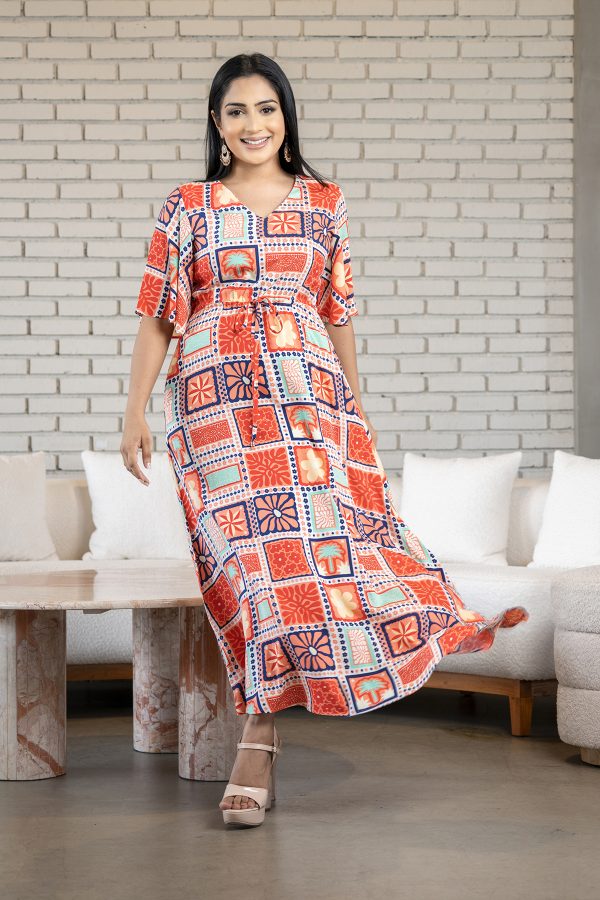 Geometric Patterned Flutter Sleeved Maxi Dress