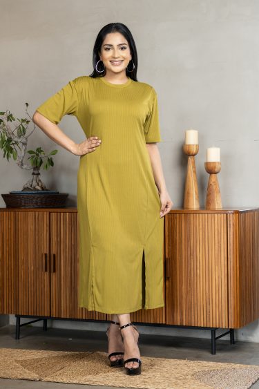 Front Slit Detailed Crew Necked Midi Dress