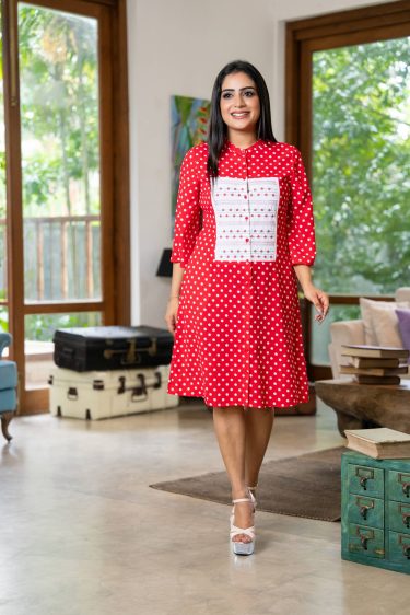 Contrast Embroidered Polka Dot Short Dress