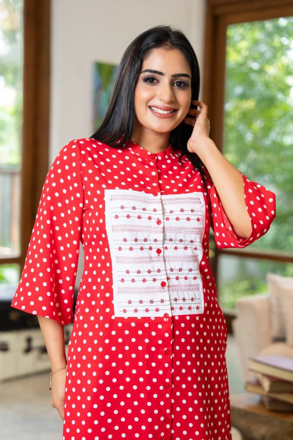 Contrast Embroidered Polka Dot Short Dress - Image 5