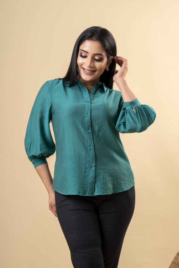 Crinkled Button Up Shirt Blouse - Image 2
