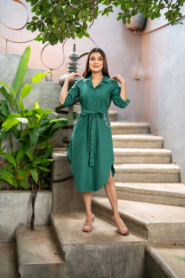 Pocket Embroidered Lapel Collared Midi Shirt Dress - Image 2