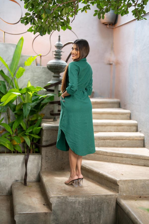 Pocket Embroidered Lapel Collared Midi Shirt Dress - Image 3