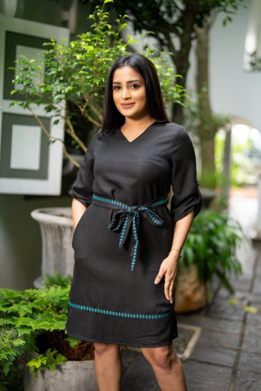 Embroidered V-Necked Short Dress