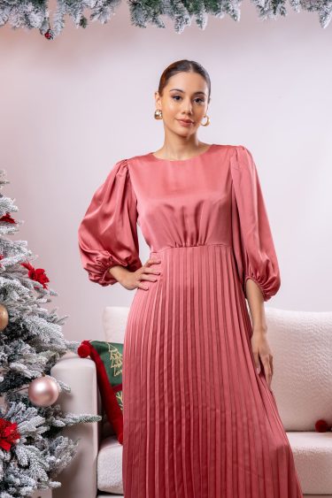 Long Sleeved Pleated Partywear Dress