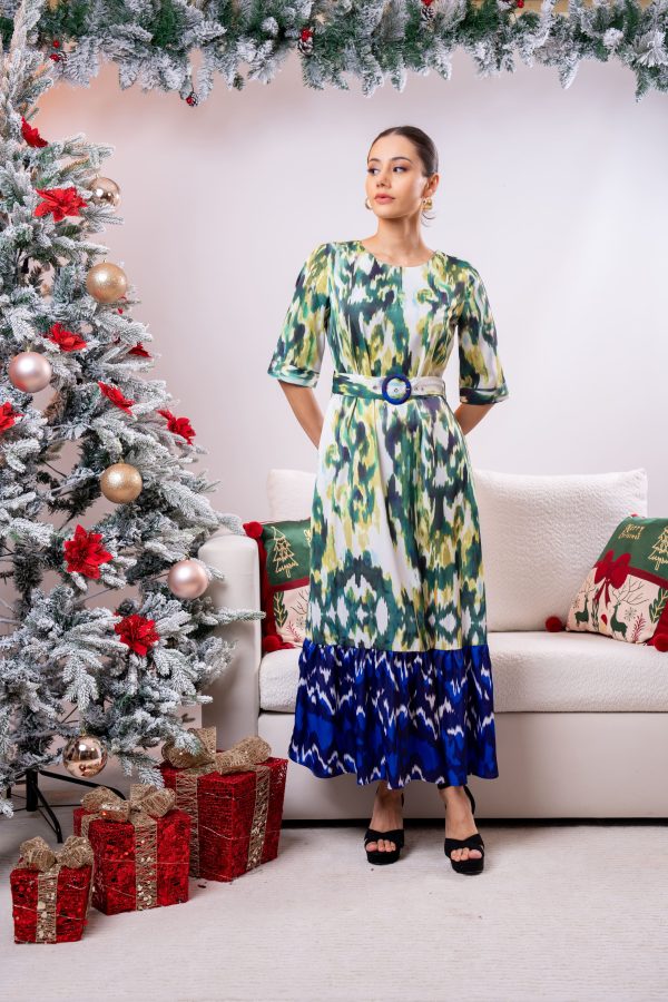 Ikat Patterned Frilled Hem Partywear Dress - Image 3