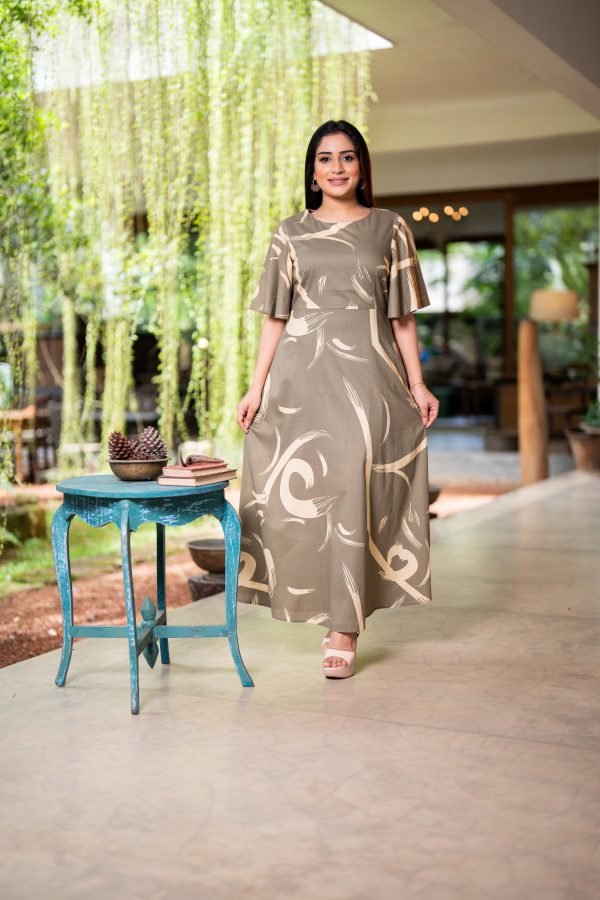Abstract Patterned Flutter Sleeved Maxi Dress