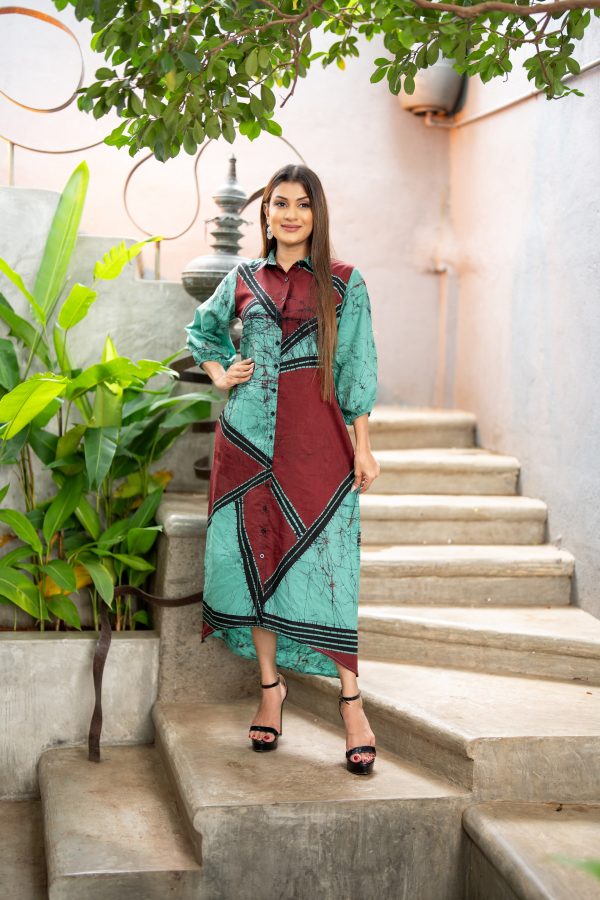 Geometric Printed Batik High-Low Shirt Dress - Image 2