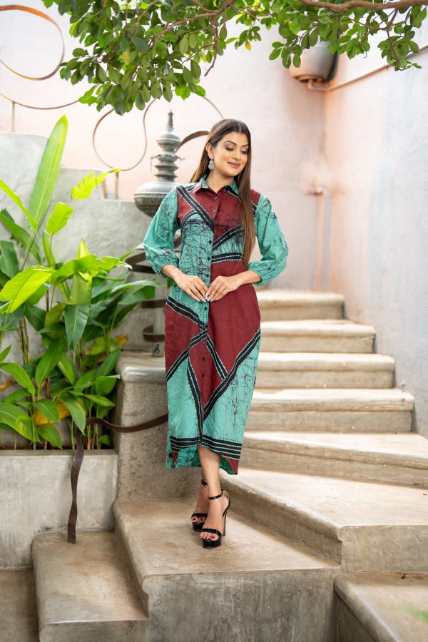 Geometric Printed Batik High-Low Shirt Dress - Image 3