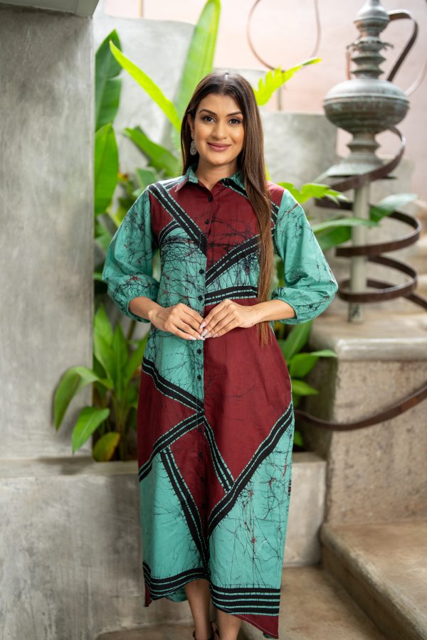 Geometric Printed Batik High-Low Shirt Dress - Image 4