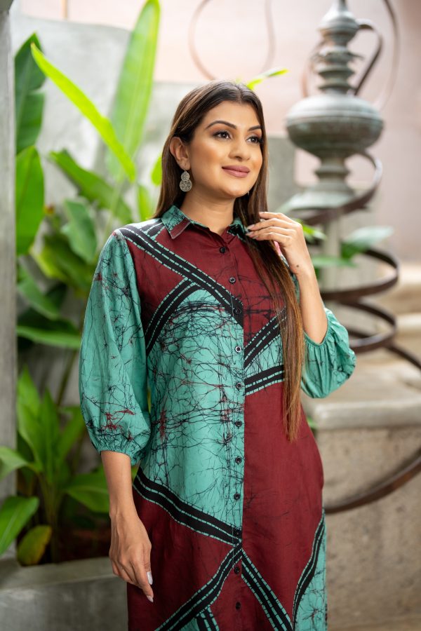 Geometric Printed Batik High-Low Shirt Dress - Image 5