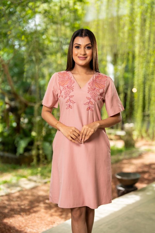 Shoulder Embroidered V-Necked Short Dress