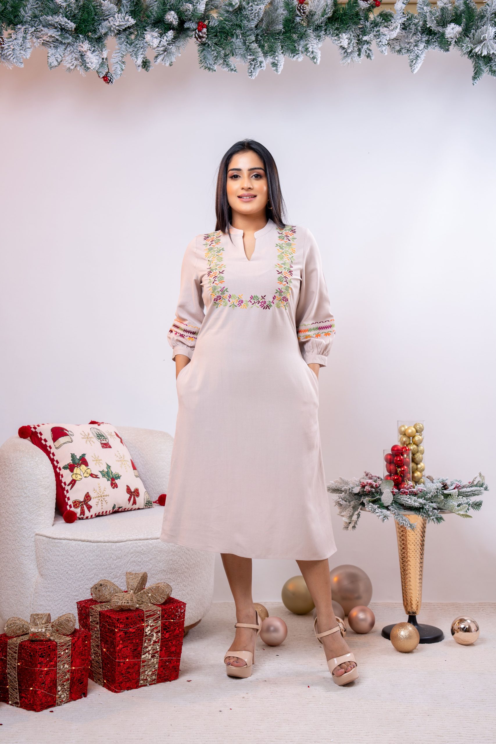 Front and Sleeve Embroidered Midi Dress