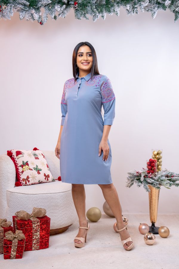 Half Placket Embroidered Short Dress