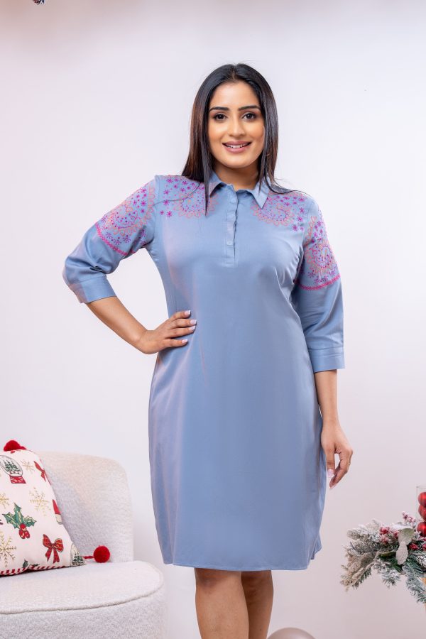 Half Placket Embroidered Short Dress - Image 3