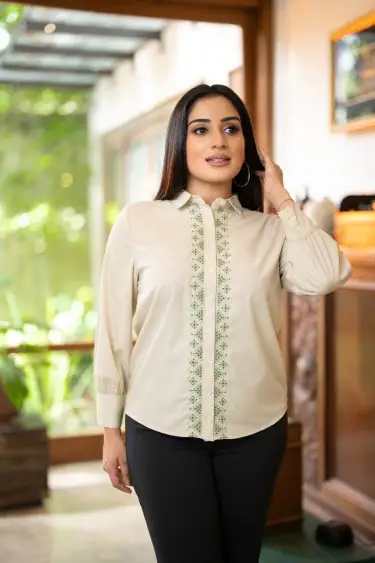 Geometric embroidered long sleeved shirt blouse