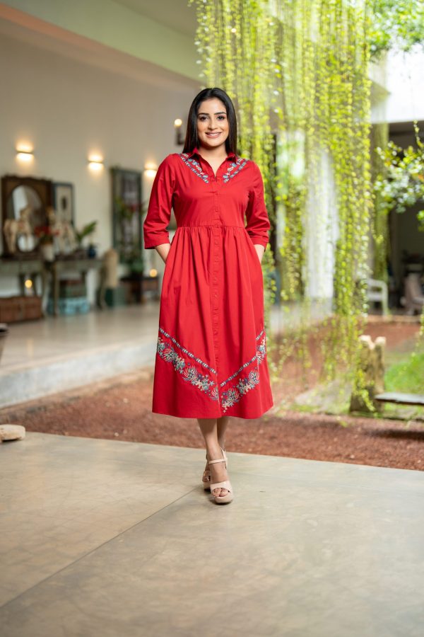 Floral Embroidered Button Up Midi Dress