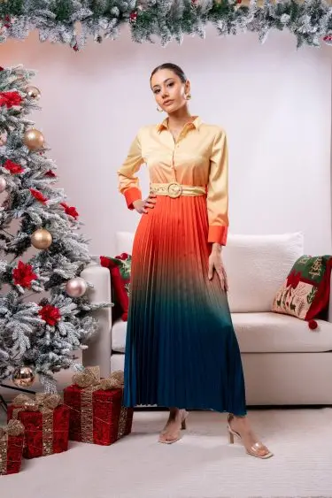 Waist Belt Detailed Pleated Party Wear Dress