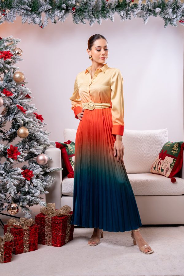 Waist Belt Detailed Pleated Party Wear Dress - Image 2