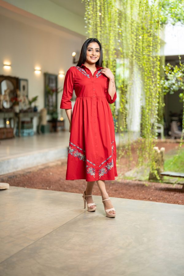Floral Embroidered Button Up Midi Dress - Image 3