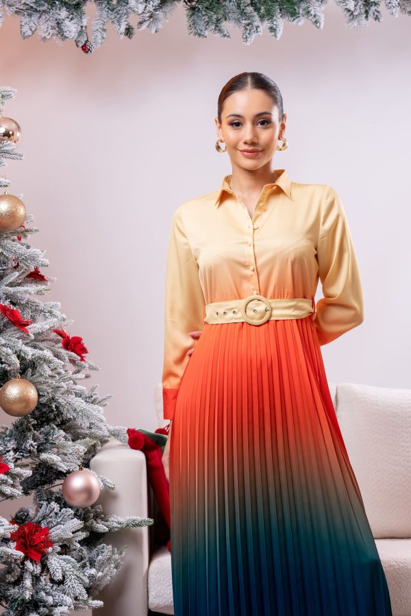 Waist Belt Detailed Pleated Party Wear Dress - Image 3