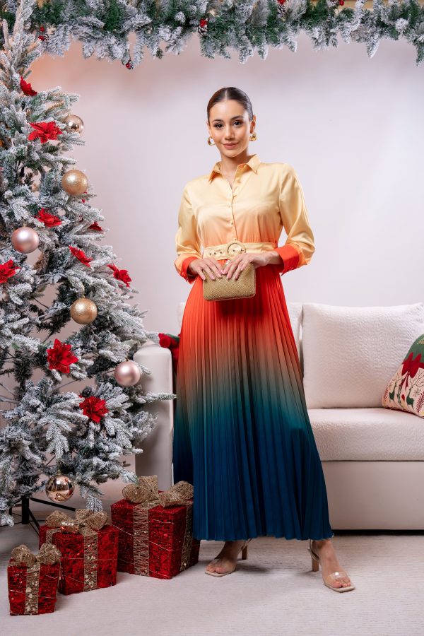 Waist Belt Detailed Pleated Party Wear Dress - Image 5