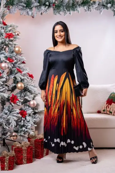 Shoulder Elasticated Pleated Party Wear Dress