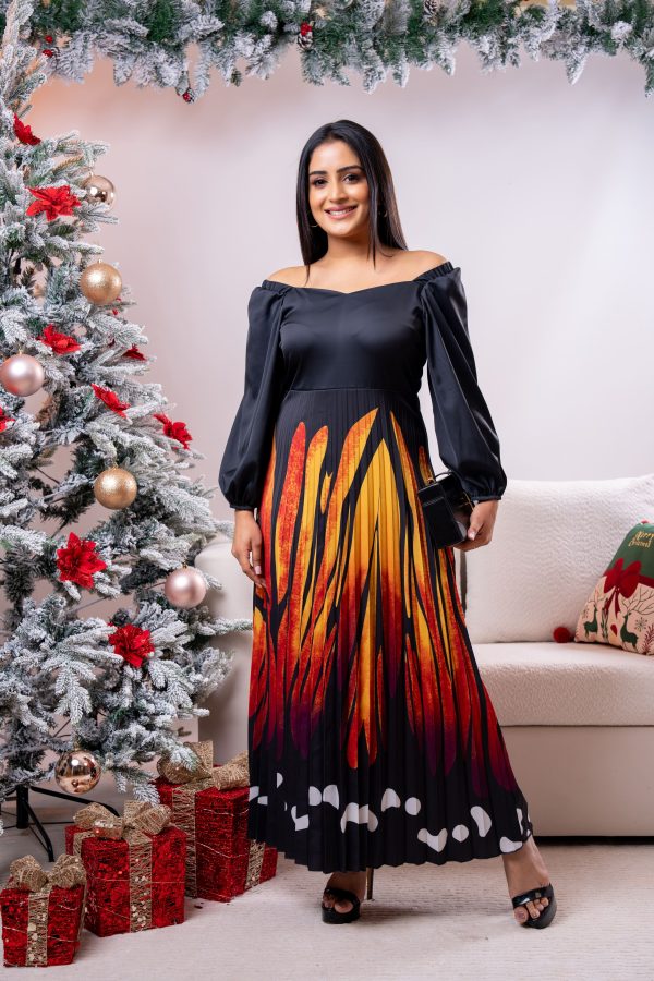 Shoulder Elasticated Pleated Party Wear Dress