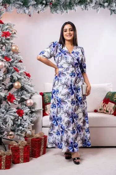 Floral Patterned Front Overlap Detailed Maxi Dress