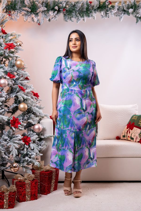 Abstract Patterned Evening Wear Midi Dress - Image 3