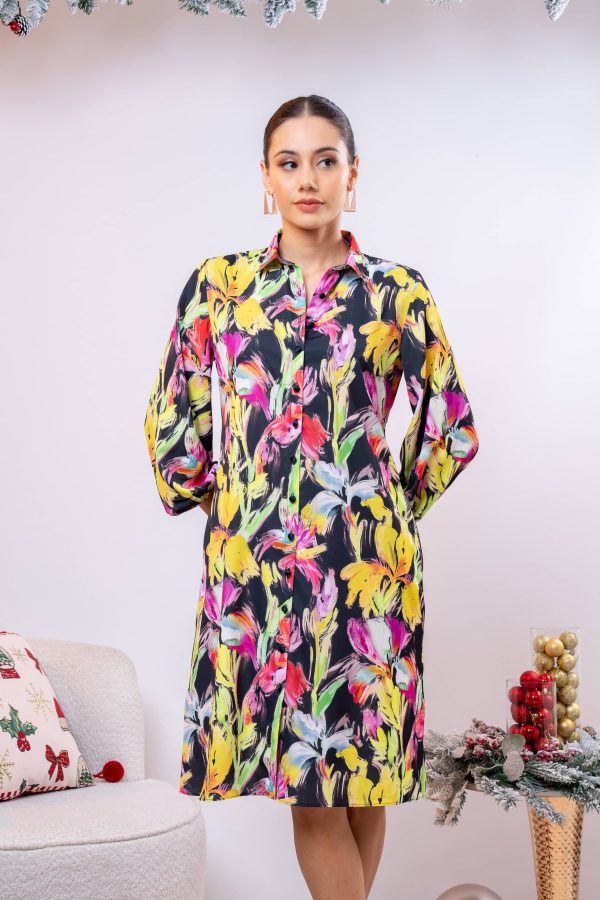 Abstract Patterned Button Up Short Dress - Image 3