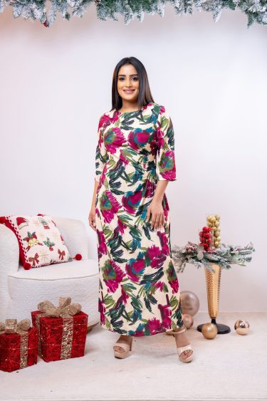 Abstract floral patterned side gather maxi dress