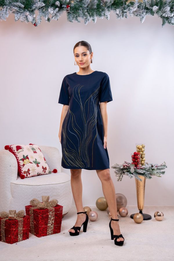 Lurex Embroidered Round Necked Short Dress - Image 4