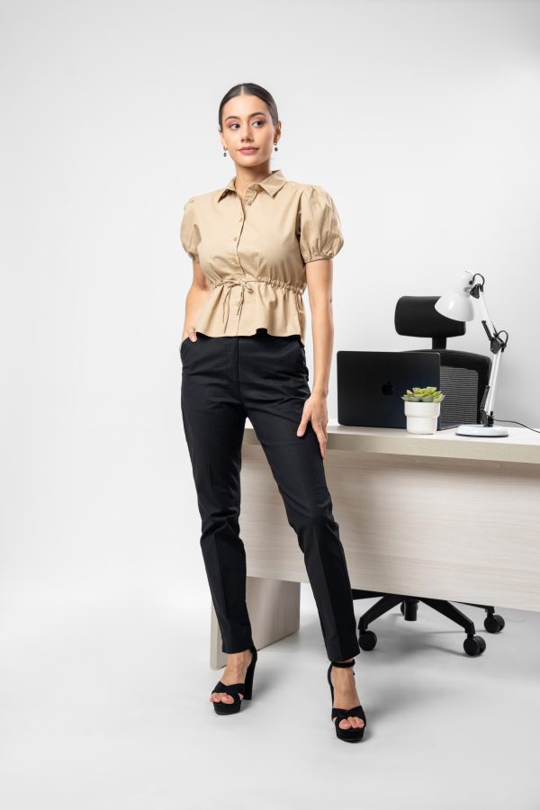 Side Tie-Up Detailed Puff Sleeved Button Up Crop Top - Image 4