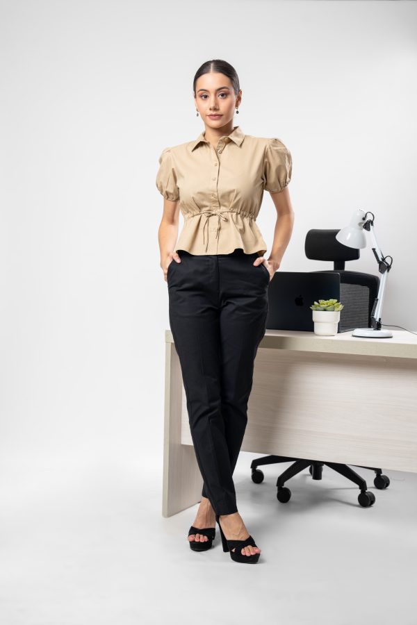 Side Tie-Up Detailed Puff Sleeved Button Up Crop Top - Image 3