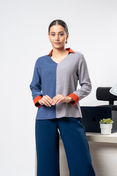Three-Tone Shirt Collared Blouse