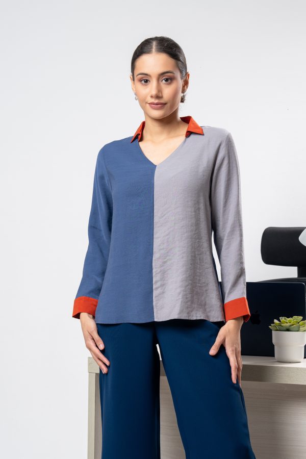 Three-Tone Shirt Collared Blouse - Image 2
