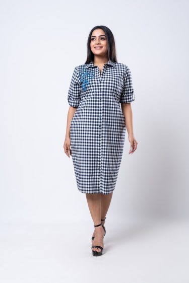 Embroidered Gingham Shirt Dress